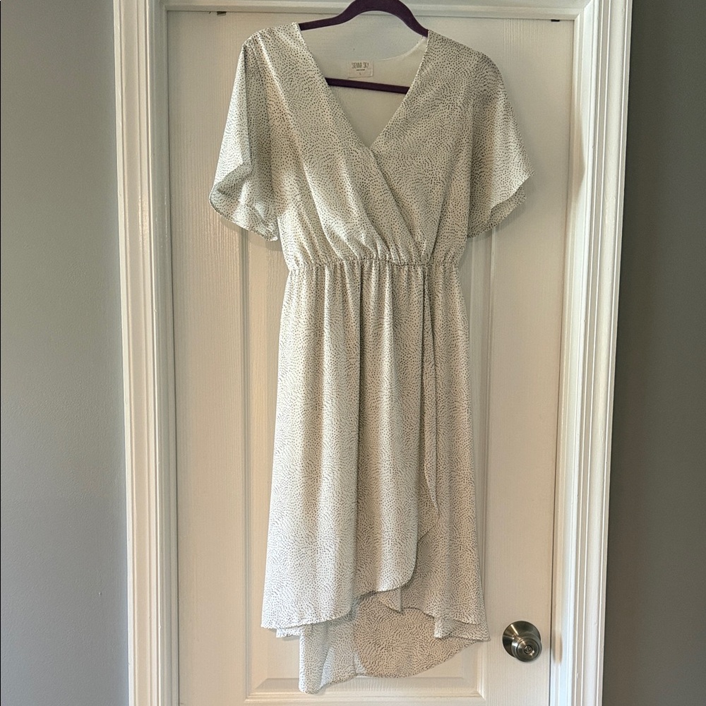 White and Black Dot Faux Wrap Dress